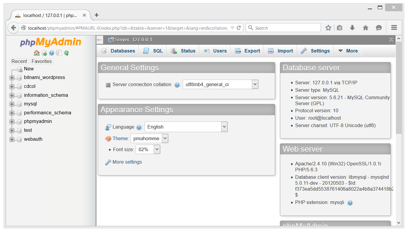 PHP my Admin Home page
