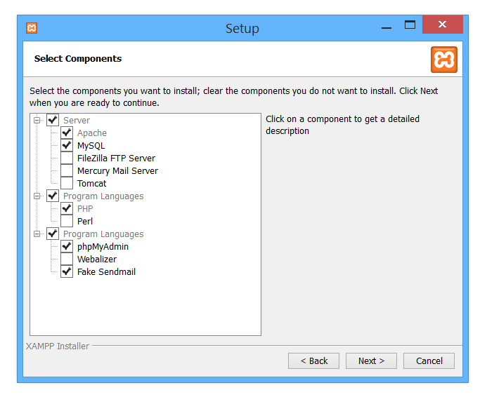 Xampp Select Components Screen